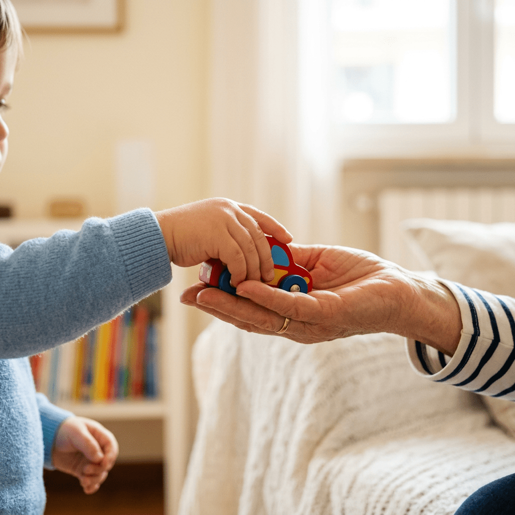 Child passing a red toy car to an elderly hand